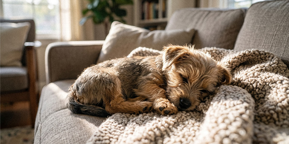 Biscuit, asleep and curled up on a soft blanket on a sofa.