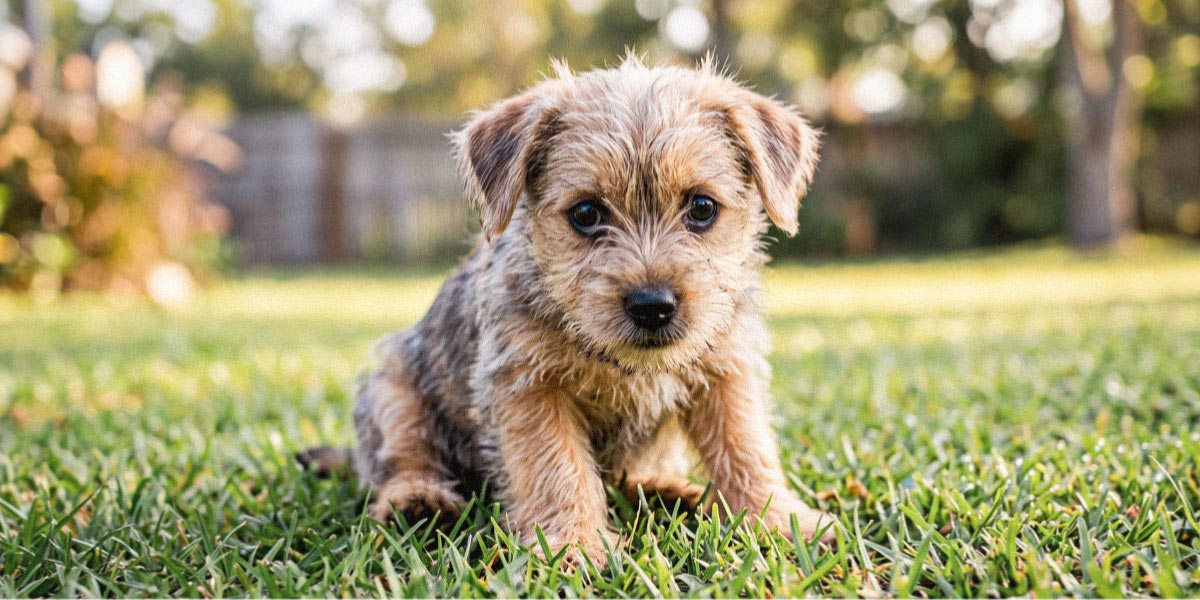 Biscuit, a small scruffy puppy, sitting on green grass.